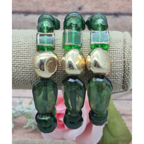 Set of 3 Green & Gold Tone Stretch Bracelet One Size Stackable Mixed Bead - Picture 2 of 6
